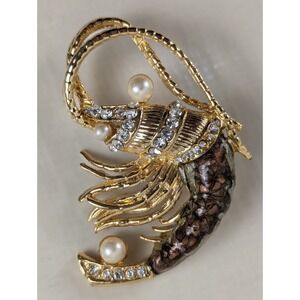 St John SJ Gold‎ Tone Shrimp Brooch Rhinestone Faux Pearl Nautical Pin